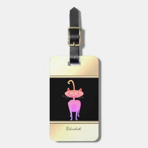 Modern BlackGoldWhimsical Cat_Personalized Luggage Tag