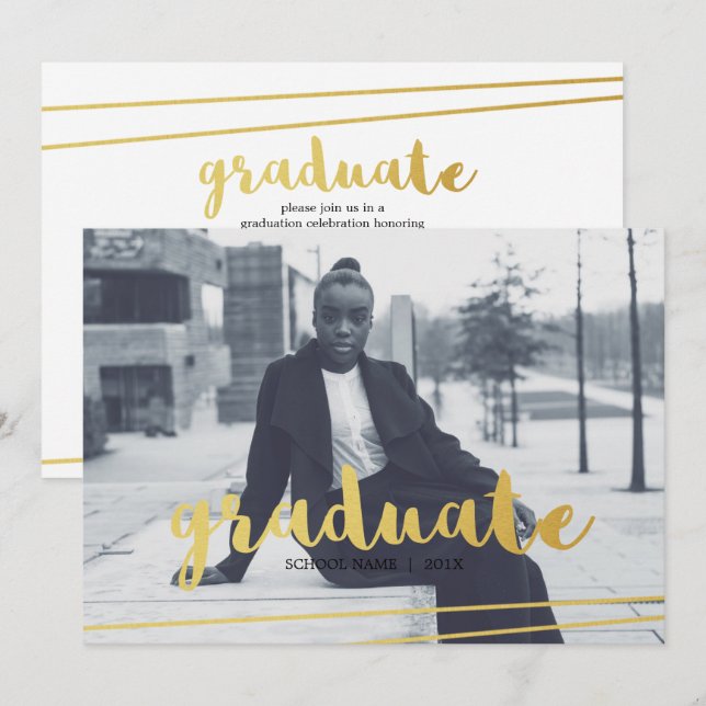 Modern Black, Gold, & White Graduate Invitations (Front/Back)