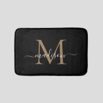 Modern Black Gold White Monogram Script Elegant Bath Mat