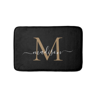 Modern Black Gold White Monogram Script Elegant Bath Mat