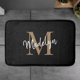 Modern Black Gold White Monogram Script Elegant Bath Mat