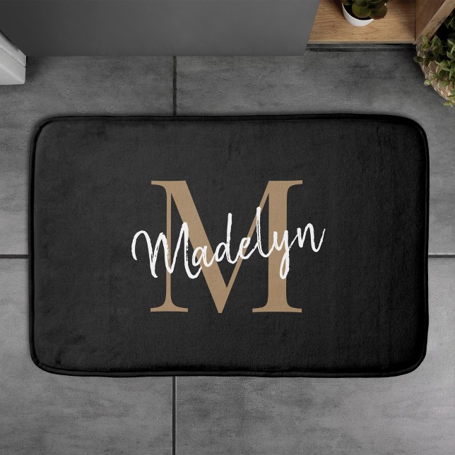 Modern Black Gold White Monogram Script Elegant Bath Mat (This bath mat is the perfect touch of sophistication for your bathroom. Personalize it today!)