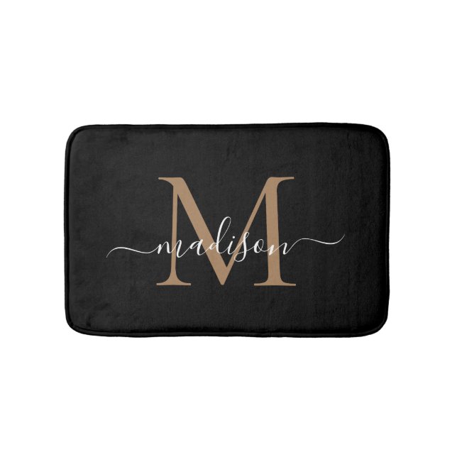 Modern Black Gold White Monogram Script Name Bath Mat (Front)