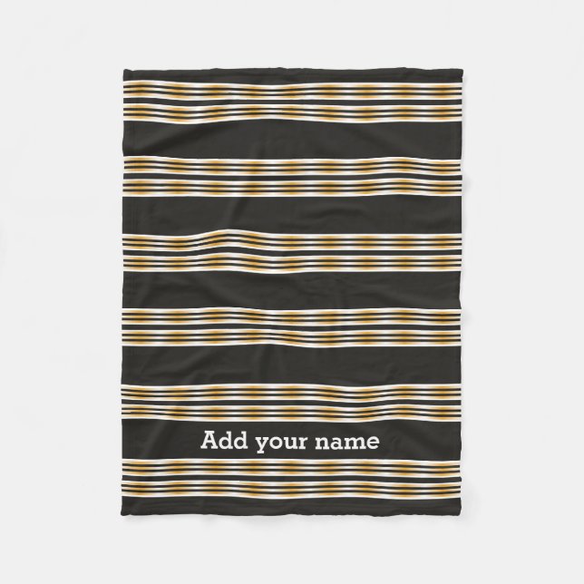 Modern Black Gold White Stripes Personalized Fleece Blanket (Front)