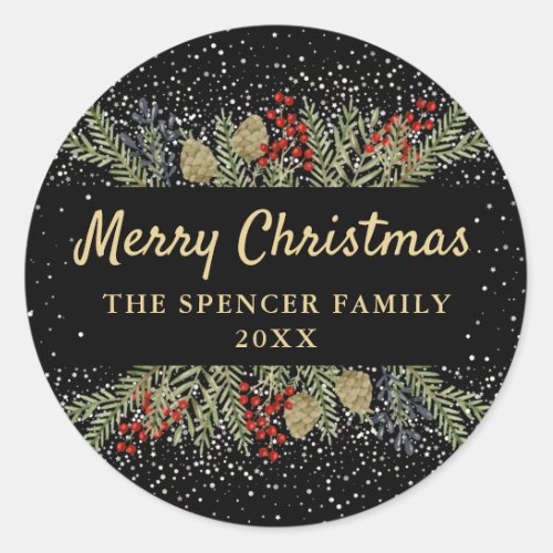 Modern Black Gold Winter Holly Berries Christmas  Classic Round Sticker