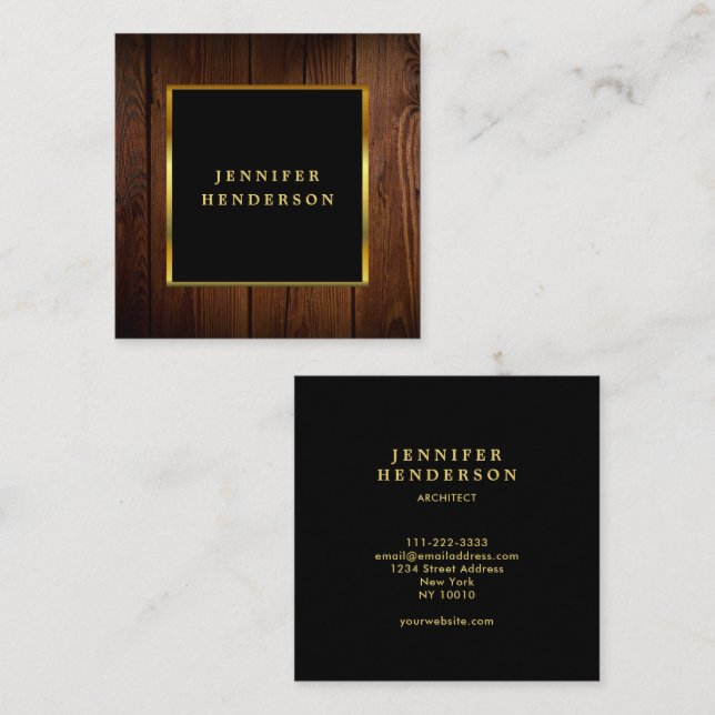 Modern black gold wood pattern professional square business card (Front/Back)