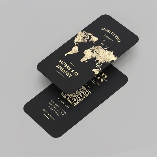 Modern Black Gold World Map Travel Planner Business Card