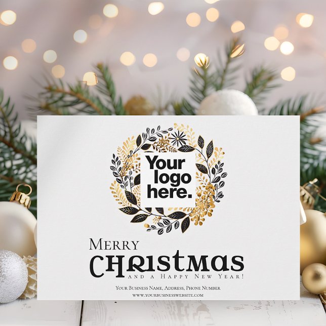 Modern Black Gold Wreath Christmas Business Holiday Card (A Merry Christmas Corporate Business Card with your Logo and a trendy black and gold color theme.)