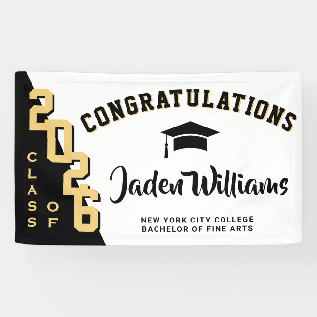 Modern Black Golden Graduation Class of 2026 Party Banner (Horizontal)