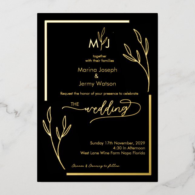 Modern Black & Golden Leaflet Border Monogram Foil Invitation (Front)