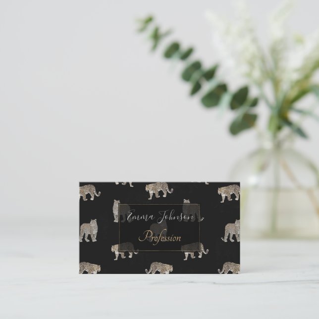 Modern Black Golden Leopard Jungle Animals Business Card (Standing Front)