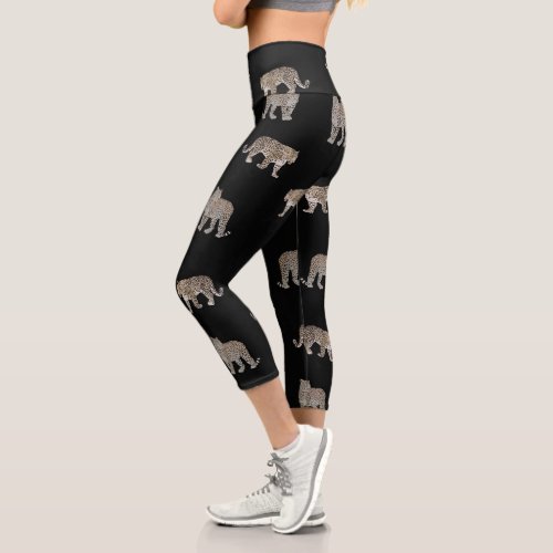 Modern Black Golden Leopard Jungle Animals Capri Leggings