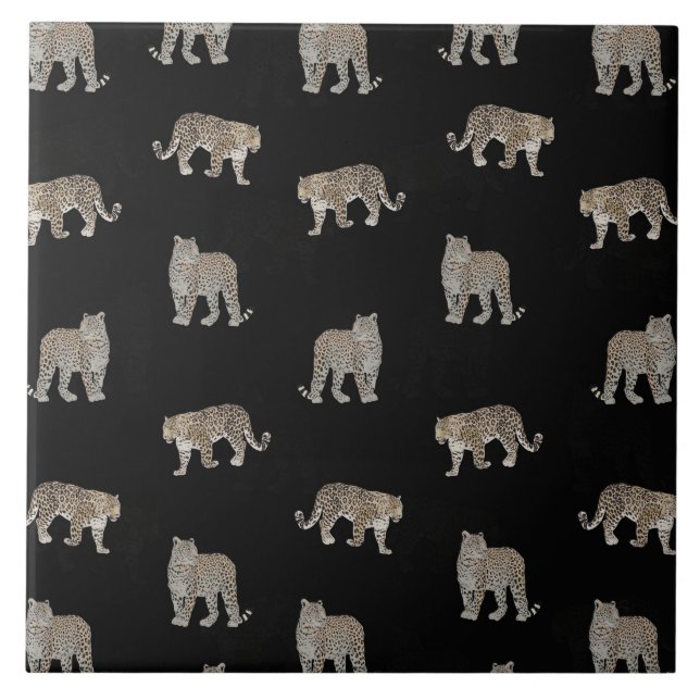 Modern Black Golden Leopard Jungle Animals Ceramic Tile (Front)