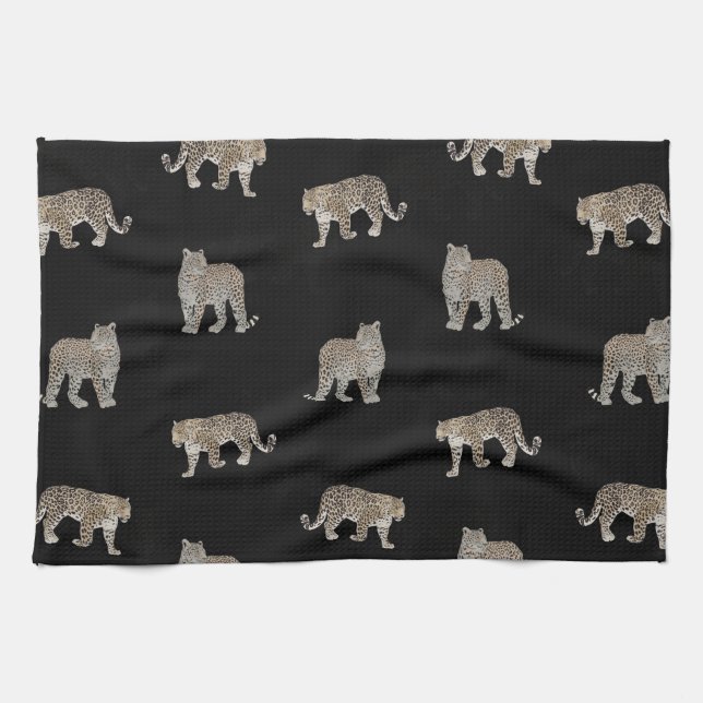 Modern Black Golden Leopard Jungle Animals Kitchen Towel (Horizontal)