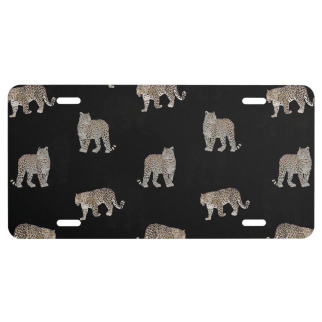 Modern Black Golden Leopard Jungle Animals License Plate (Front)