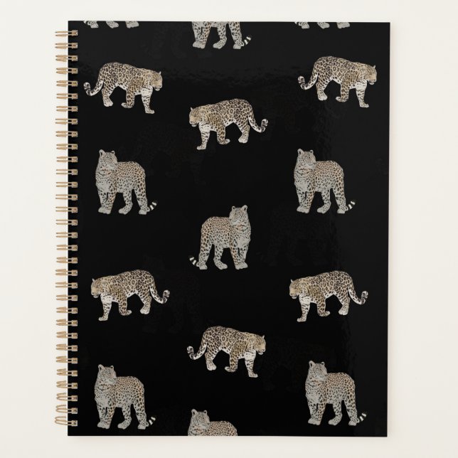 Modern Black Golden Leopard Jungle Animals Planner (Front)