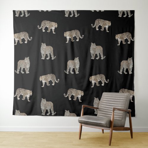 Modern Black Golden Leopard Jungle Animals Tapestry
