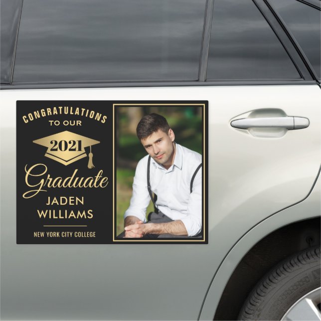 Modern Black Golden PHOTO Graduation Large Car Magnet (In Situ)