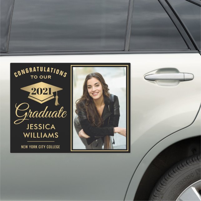 Modern Black Golden PHOTO Graduation Large Car Magnet (In Situ)