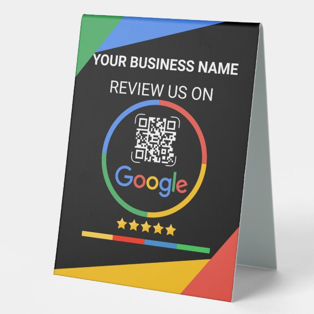 Modern Black Google Review QR Code Table Tent (Front)