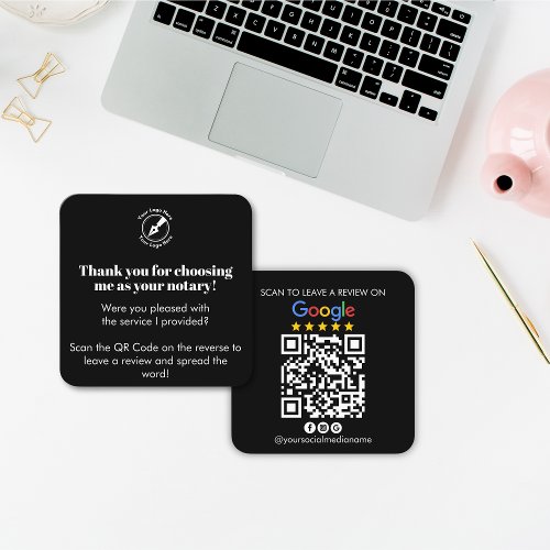 Modern Black Google Review QR Code Thanks Notary Square Business Card