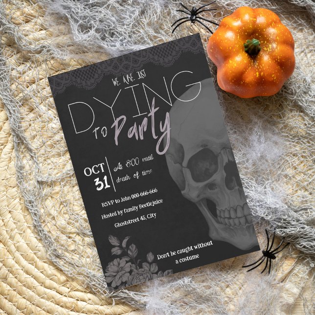 Modern black goth skull feminine adult halloween invitation (Creator Uploaded)