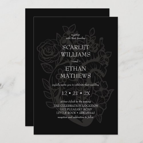 Modern Black Gothic Elegant Floral Heart Wedding Invitation