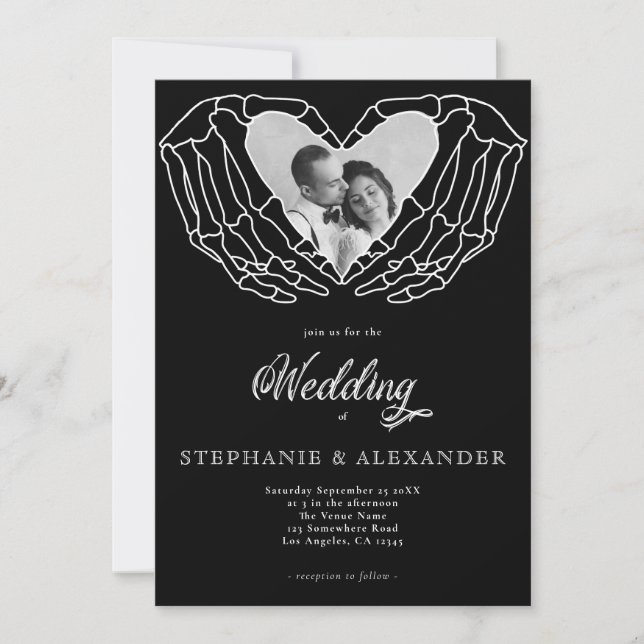 Modern Black Gothic Photo Skeleton Hands Wedding Invitation (Front)
