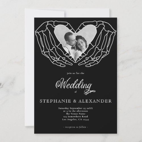 Modern Black Gothic Photo Skeleton Hands Wedding Invitation