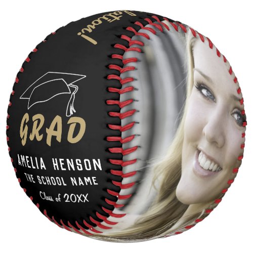 Modern Black Grad Congratulations Graduation Photo Softball - Modern Black Grad Congratulations Graduation Photo Softball. Black background, graduate cap and white and golden typography. This custom and personalized softball is a perfect gift for a graduate. Personalize it with your photo, graduate name, school name and the year number. You can change any text on the softball.