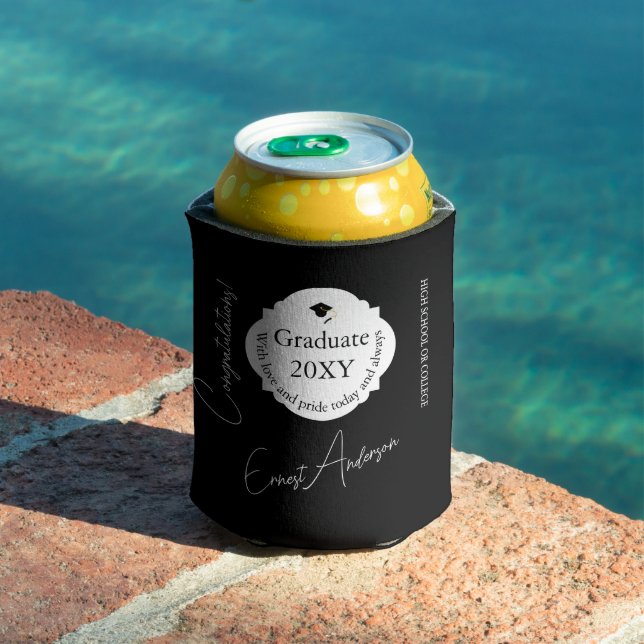 Modern Black Grad Custom Dedication Graduation Can Cooler (In Situ Pool)