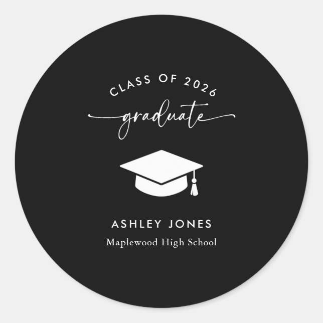 Modern Black Graduate Graduation Classic Round Sticker (Front)