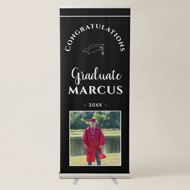 Modern Black Graduate Name Photo Graduation Party Retractable Banner (Front)