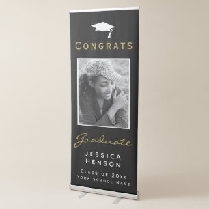 Modern Black Graduate Photo Congrats Graduation Retractable Banner