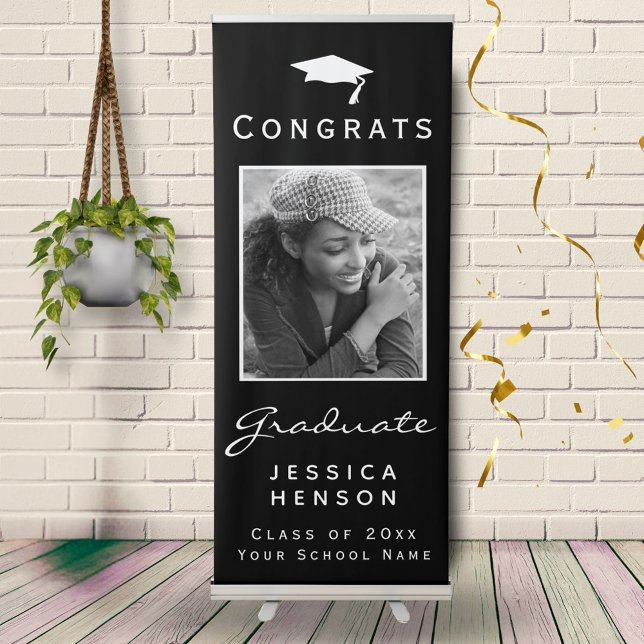Modern Black Graduate Photo Congrats Graduation Retractable Banner (Creator Uploaded)