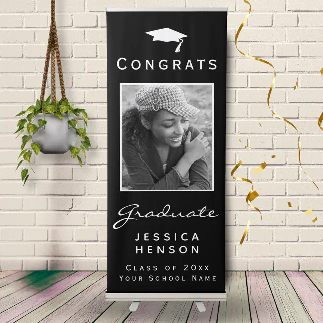Modern Black Graduate Photo Congrats Graduation Retractable Banner | Zazzle