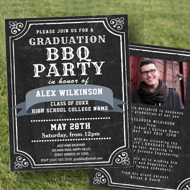 Modern Black Graduation BBQ Party Photo Invitation (Creator Uploaded)