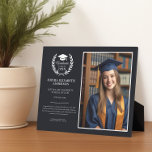 Modern Black Graduation Laurel Wreath Emblem Photo Plaque<br><div class="desc">Commemorate your graduation memories with this chic and elegant emblem plaque, proudly announcing your achievement. The bold white text against a sleek black backdrop exudes elegance, perfectly framing your cherished photograph and capturing the essence of your graduation day. The plaque prominently displays a classic school award emblem, featuring a grad...</div>