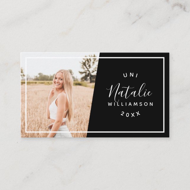 Modern black graduation photo insert name cards (Front)