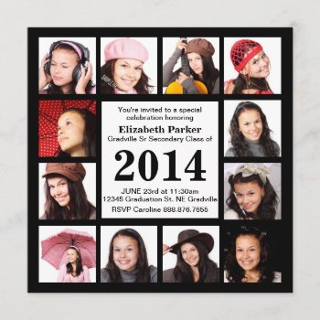 Modern Black Graduation With 12 Photos Invitation by PartyHearty at Zazzle