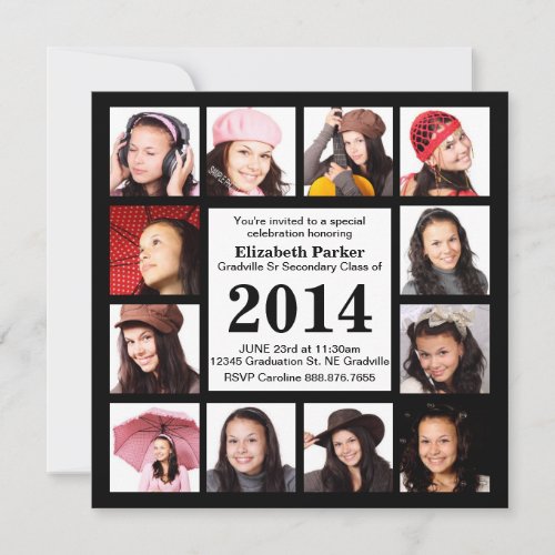 Modern Black Graduation with 12 Photos Invitations