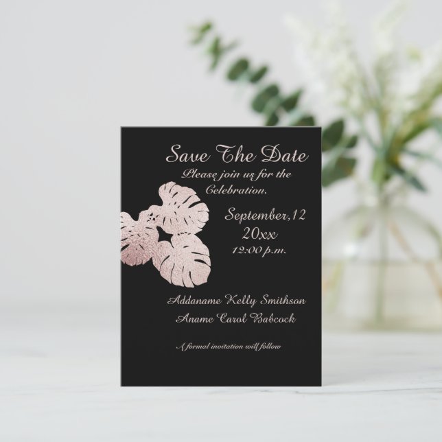Modern  Black Graphic Rose Gold Leaves  Elegant, Save The Date (Standing Front)