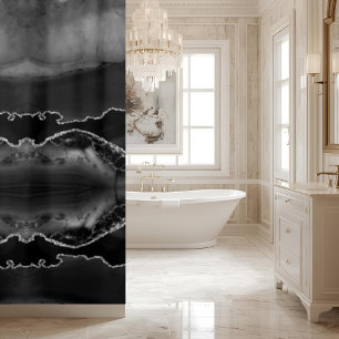 Modern Black Gray Agate Marble Crystal Geode Shower Curtain