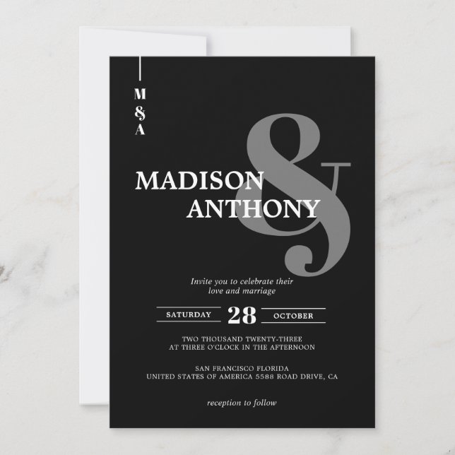 Modern Black Gray Ampersand Script Photo Wedding Invitation (Front)