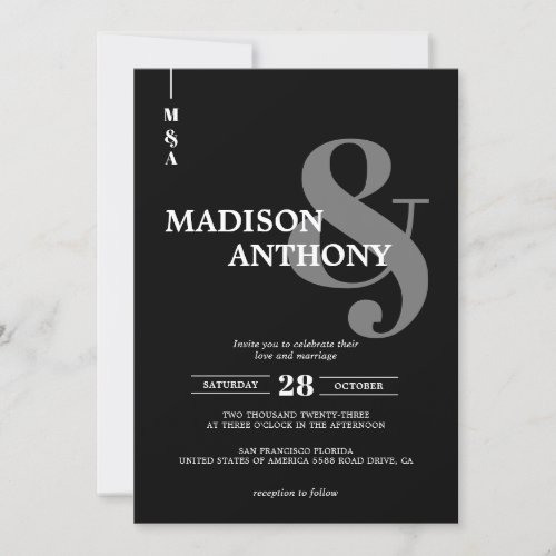 Modern Black Gray Ampersand Script Photo Wedding Invitation