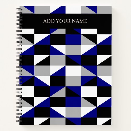 Modern Black Gray Blue Geometric Pattern With Name Notebook