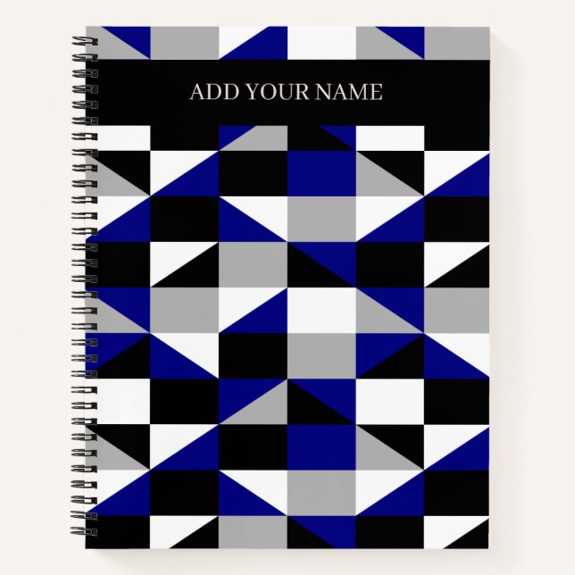 Modern Black Gray Blue Geometric Pattern With Name Notebook (Front)