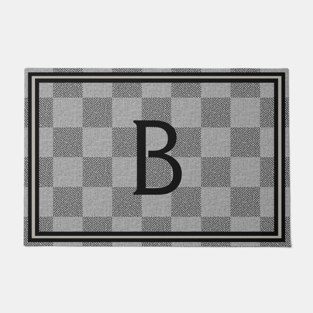 Modern Black Gray Buffalo Plaid Monogram Doormat (Front)