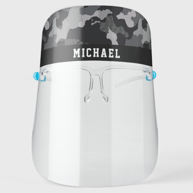 Modern Black Gray Camouflage Military Custom Name Face Shield (Front)