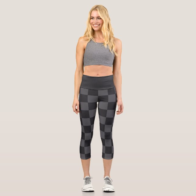 Modern Black Gray Croatian Geometric Checkers Capri Leggings (Front)